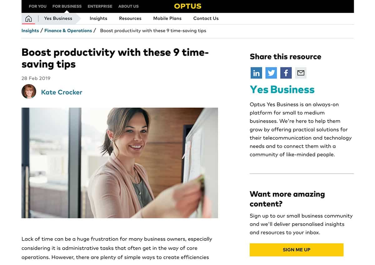 Optus Boost Productivity blog post 1. B2B copywriting