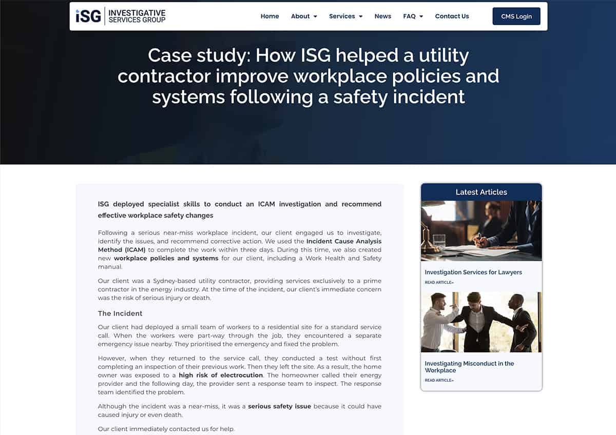 ISG Case study page 1. Business copywriting