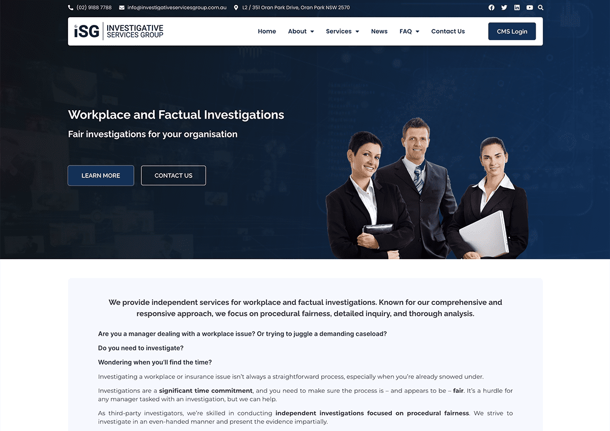 Investigative Services Group website homepage. Navy blue banner with three business people. Business copywriting