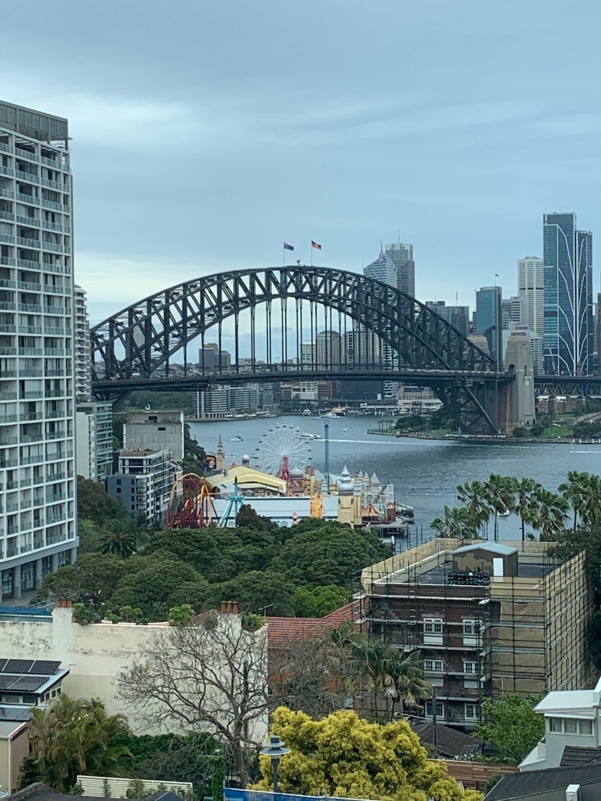 View of Sydney Harbour Bridge looking over Luna Park